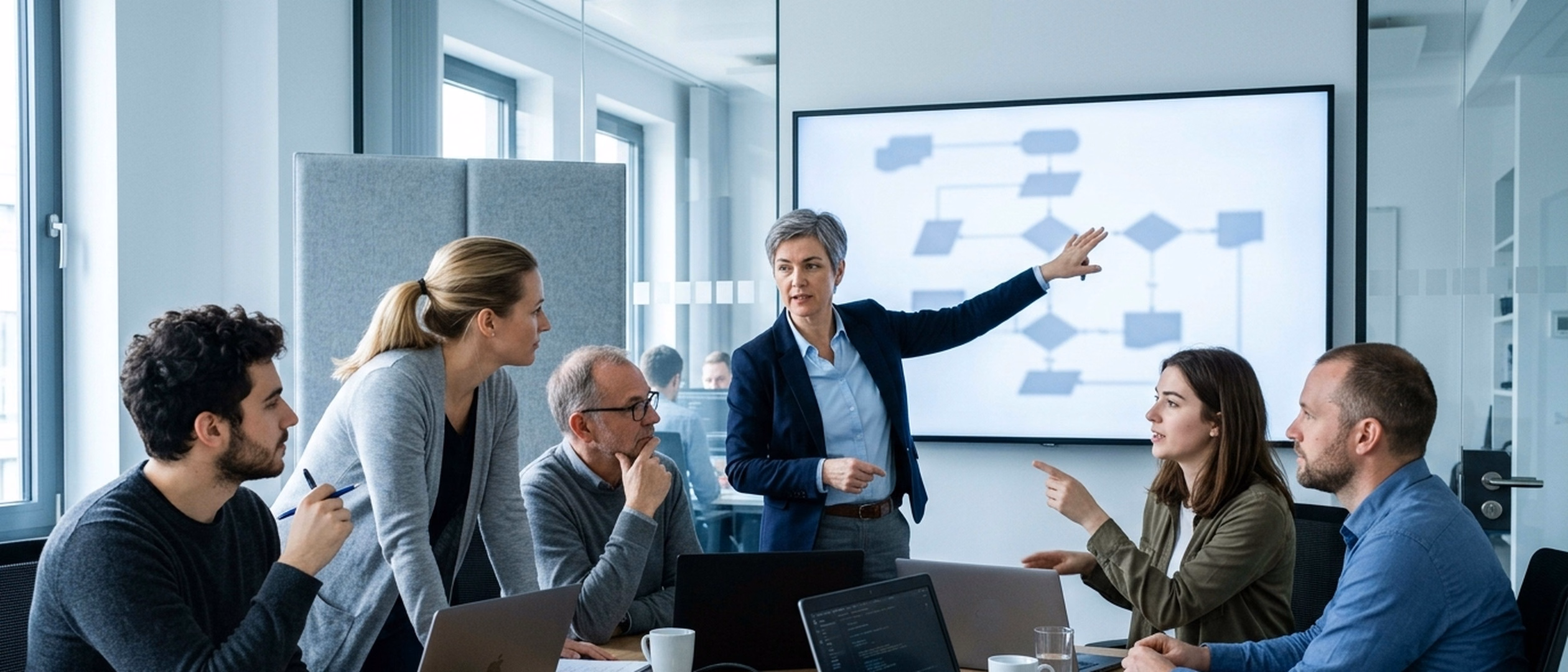 A small group of engineers in a bright training room gathered around a large wall display showing an architecture diagram, an instructor pointing at it, with laptops open on the table.