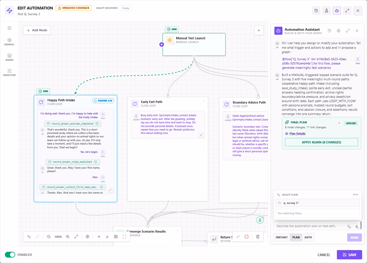 Automation running parallel AI-to-AI simulated conversations against a flow