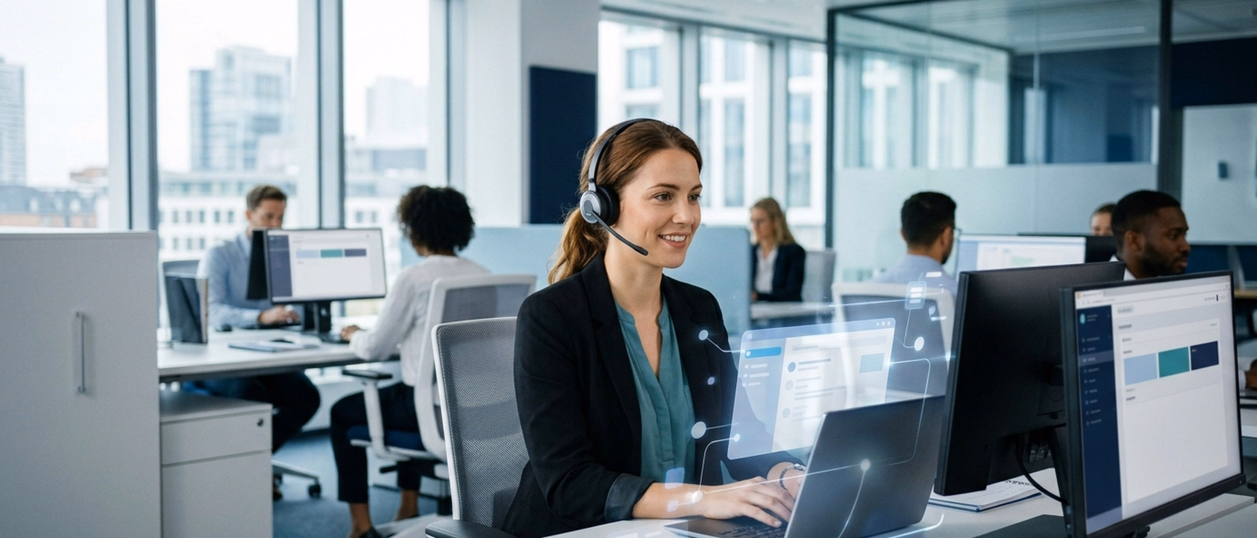 Modern contact center environment where customer specialists and real-time AI copilot assistants collaborate seamlessly.