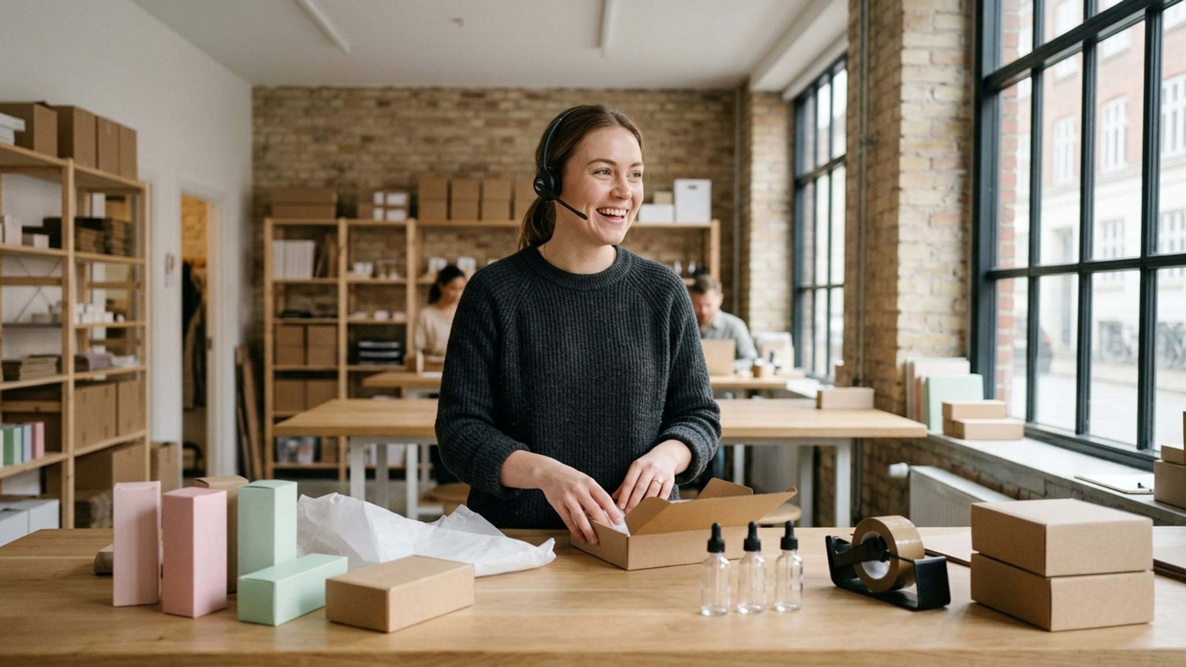 A small e-commerce team: someone on a headset at a packing bench, cosmetics packaging in shot.