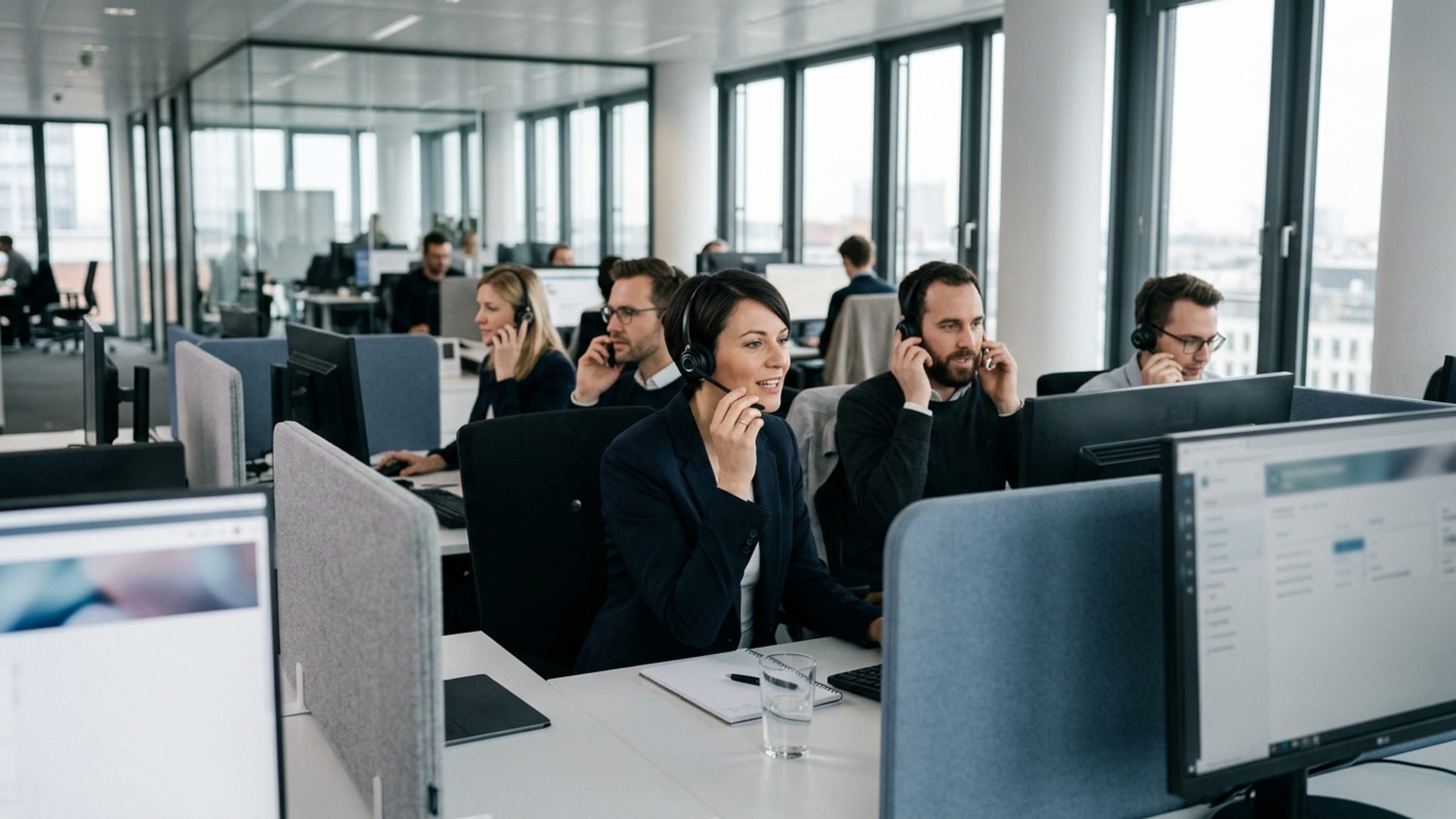 A call centre floor: agents at desks wearing headsets, mid-conversation, daylight rather than a dark room.