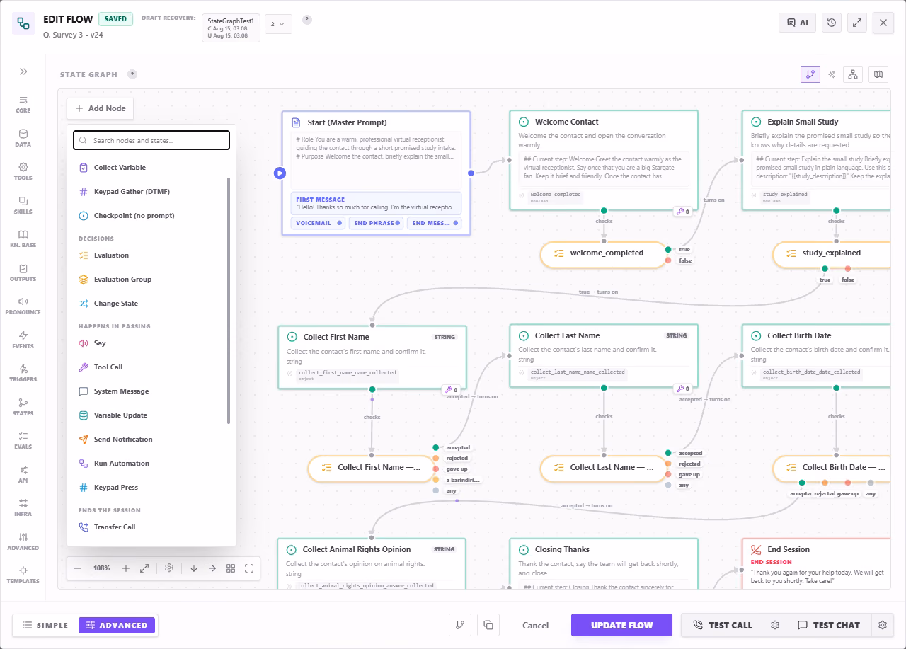 Kilevel state graph canvas with master prompt, collect-variable stations and evaluation branches