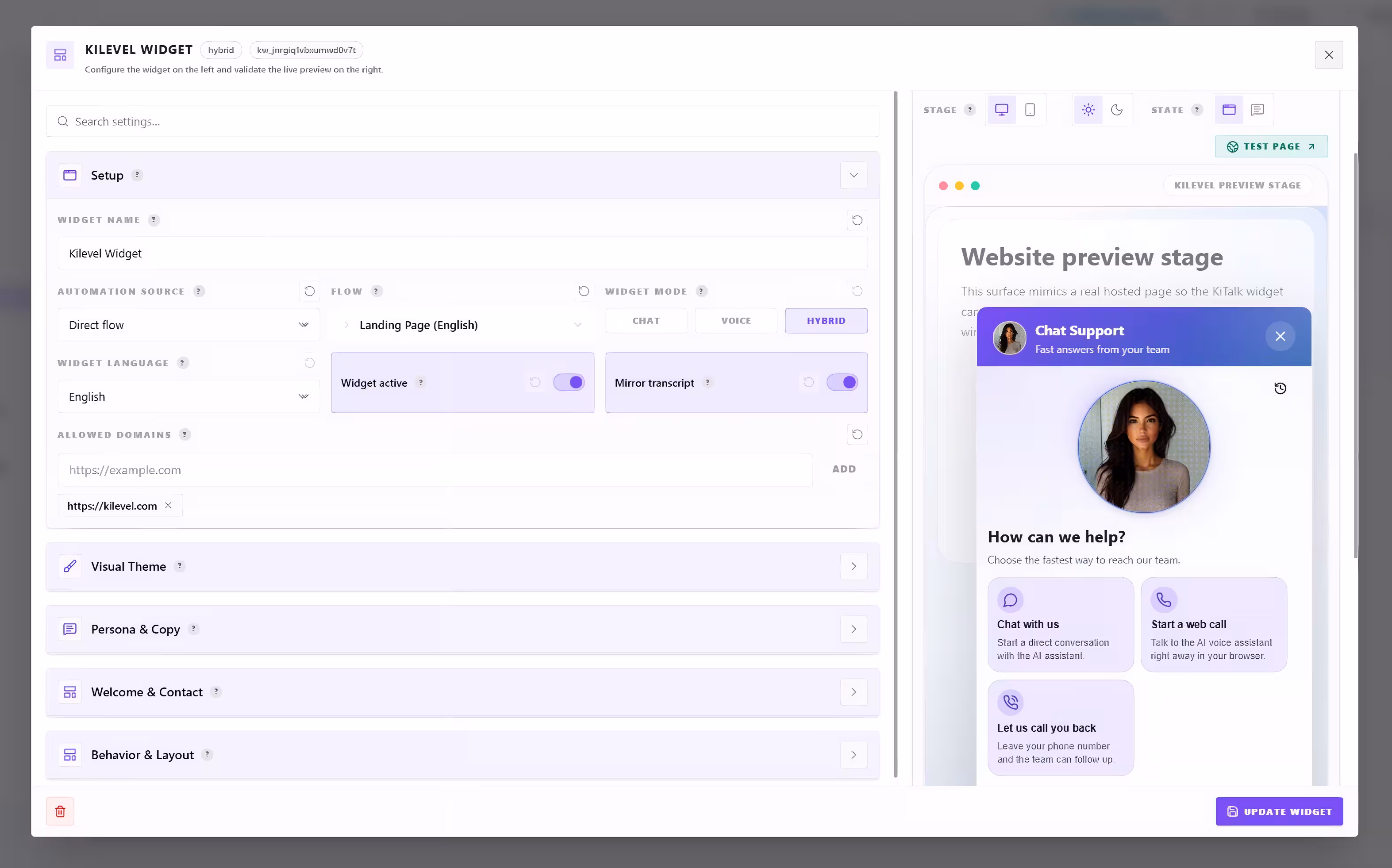Kilevel widget studio: appearance, enabled channels, greetings, forms and triggers with a live preview
