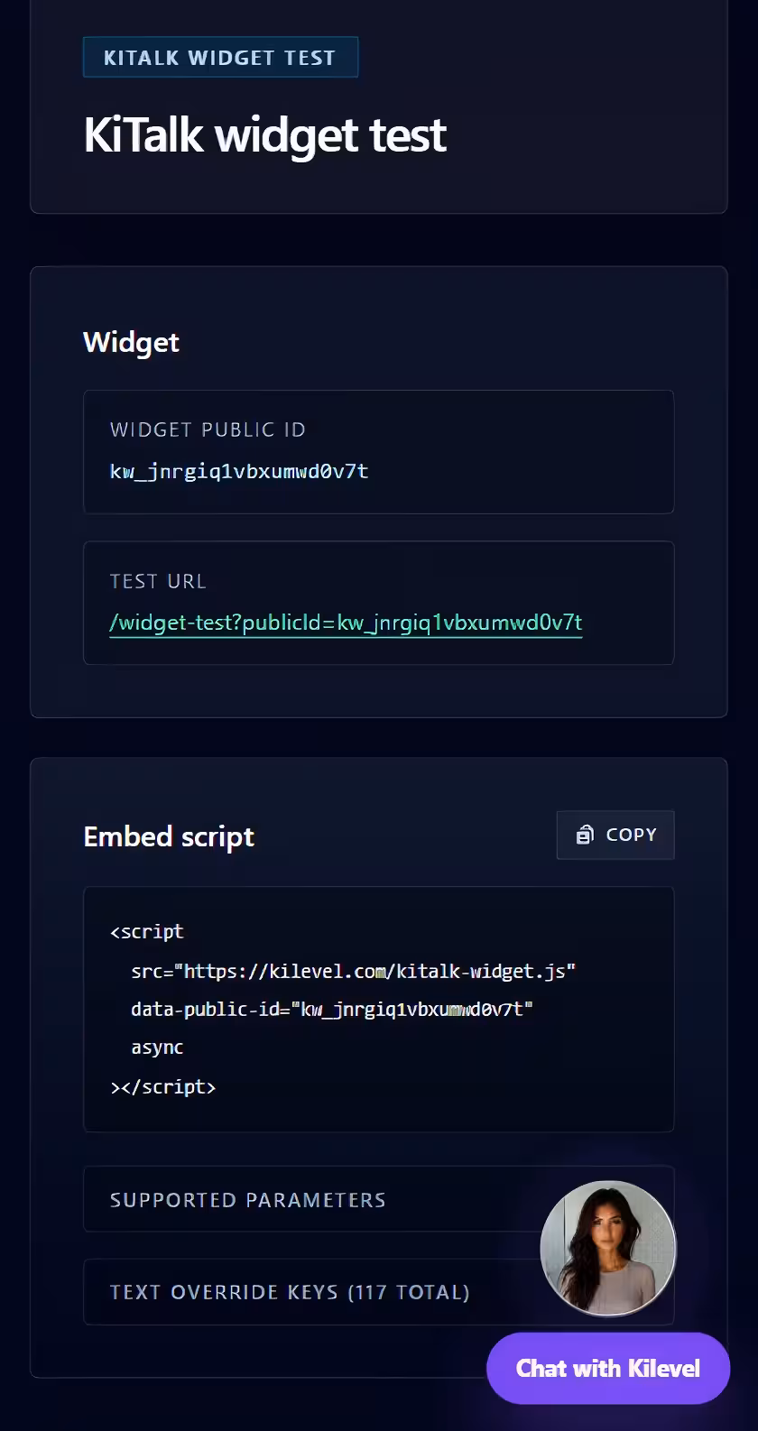 Kilevel widget embed: a single script tag that drops the widget onto any website