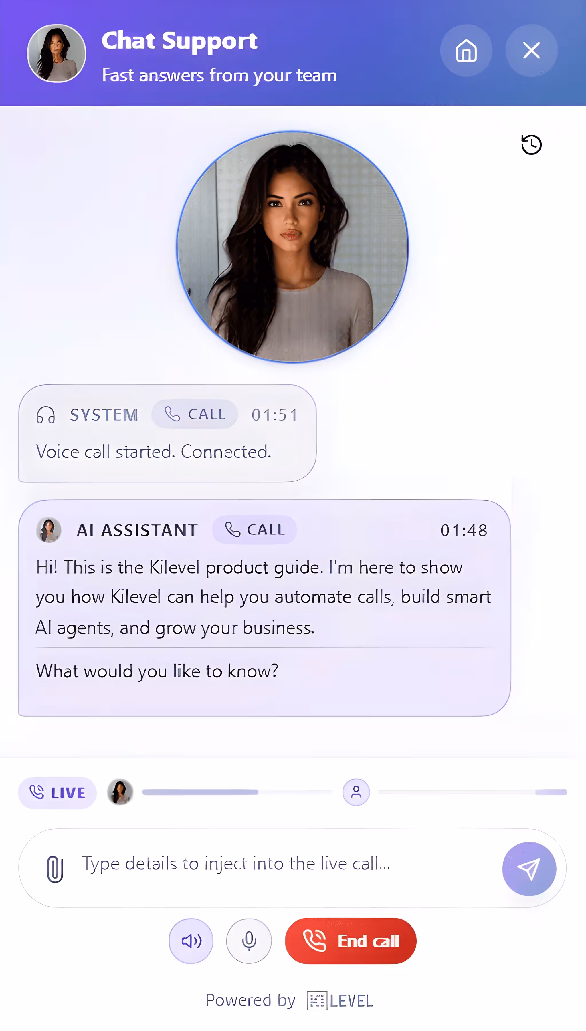 Kilevel widget offering chat, a call, a callback request and an out-of-hours form in one overlay
